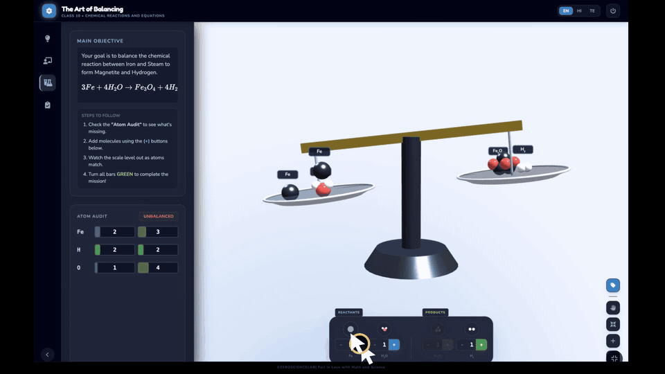 Animated chemical-equation balancing activity running in ZeroScienceLab